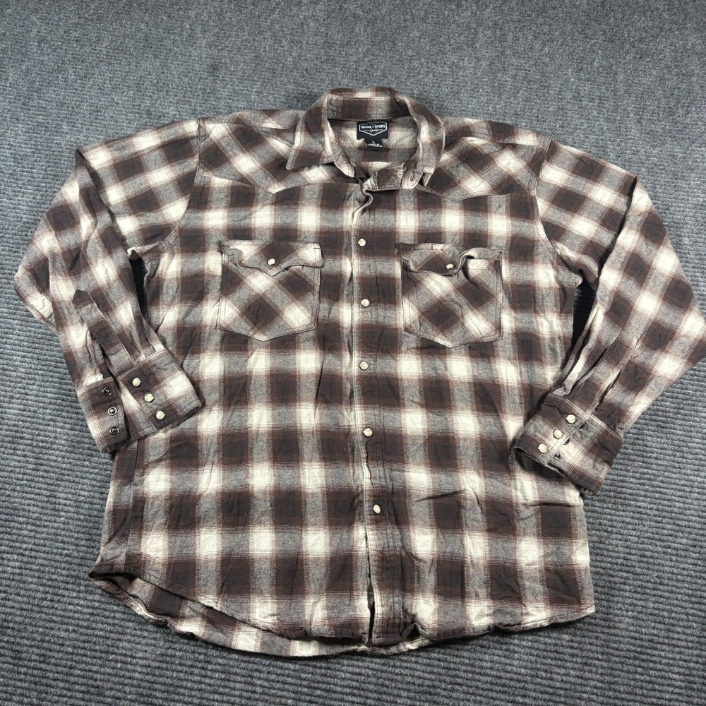 Work n Sport Mens Brown Plaid Flannel Western Pearl Snap Work Shirt Large L